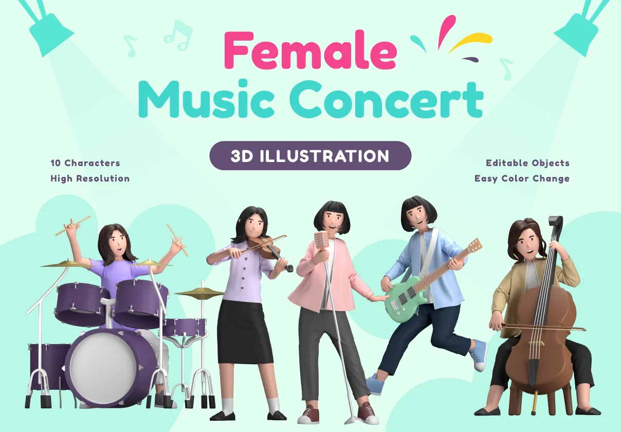 Female Music Concert 3D Illustration