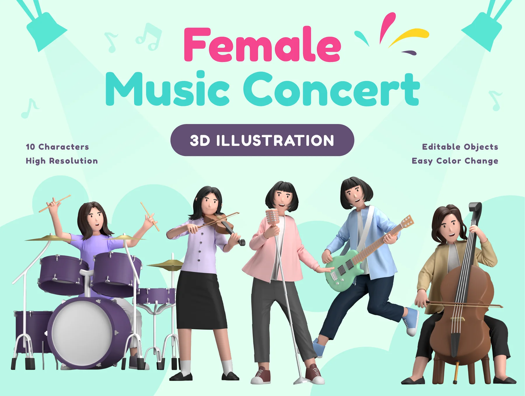 Female Music Concert 3D Illustration