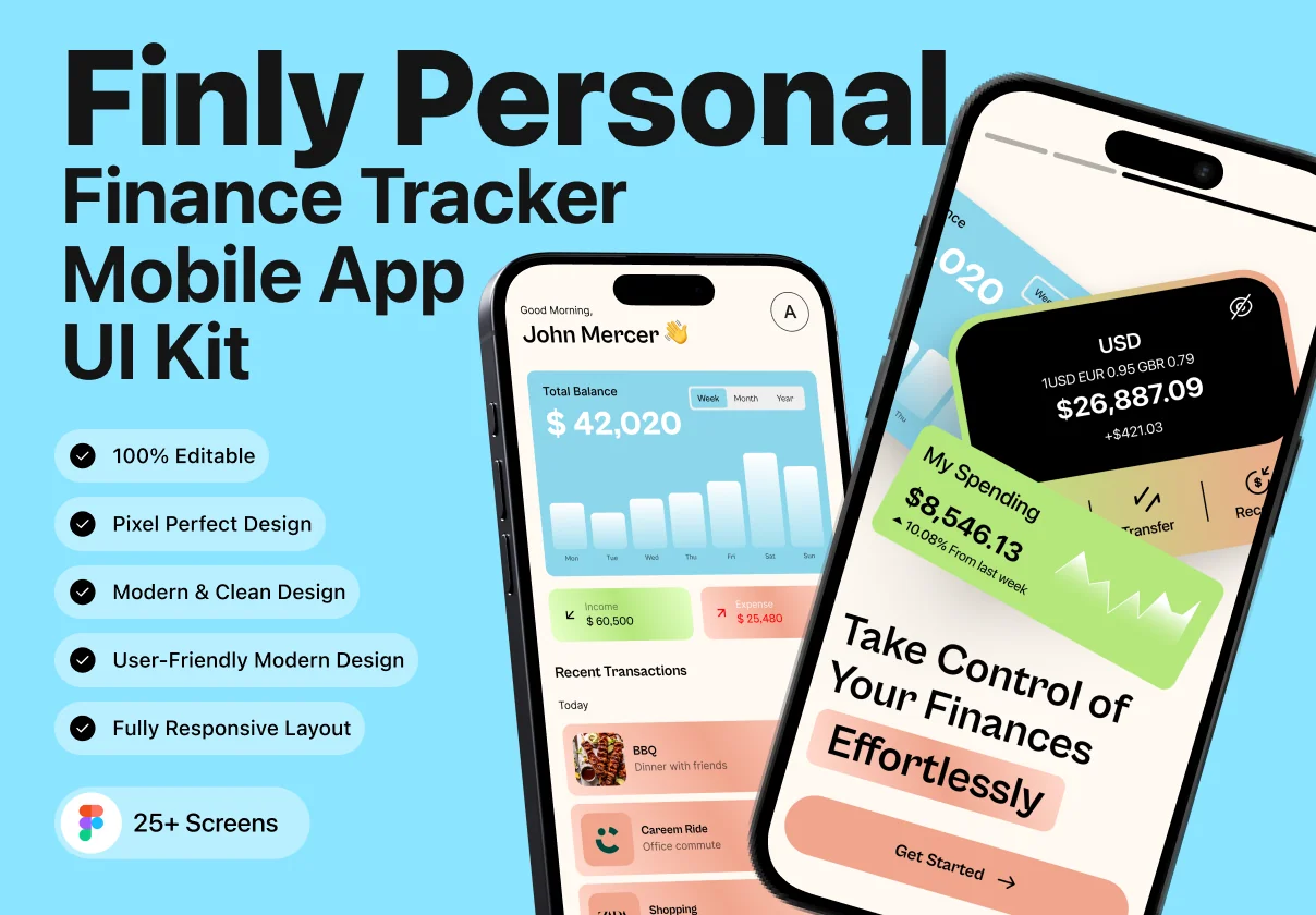 Finly - Personal Finance Tracker Mobile App UI Kit