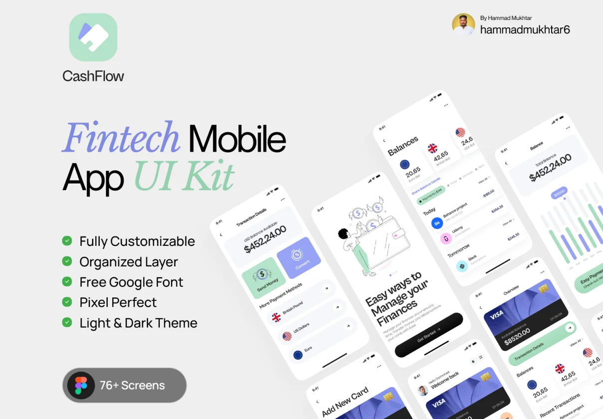 Fintech Mobile UI Kit for Startup Apps – 76+ Screens