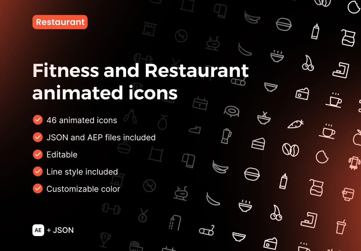 Fitness, Food and Restaurant animated icons