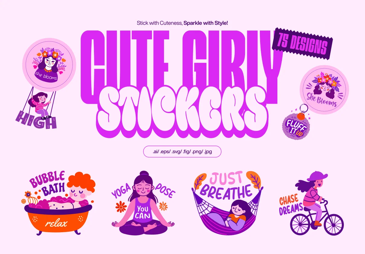 Flat Cute Girly Stickers Set