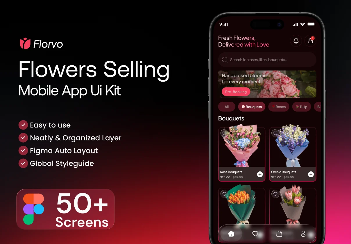 Florvo – Flowers Selling Mobile App Figma UI Kit