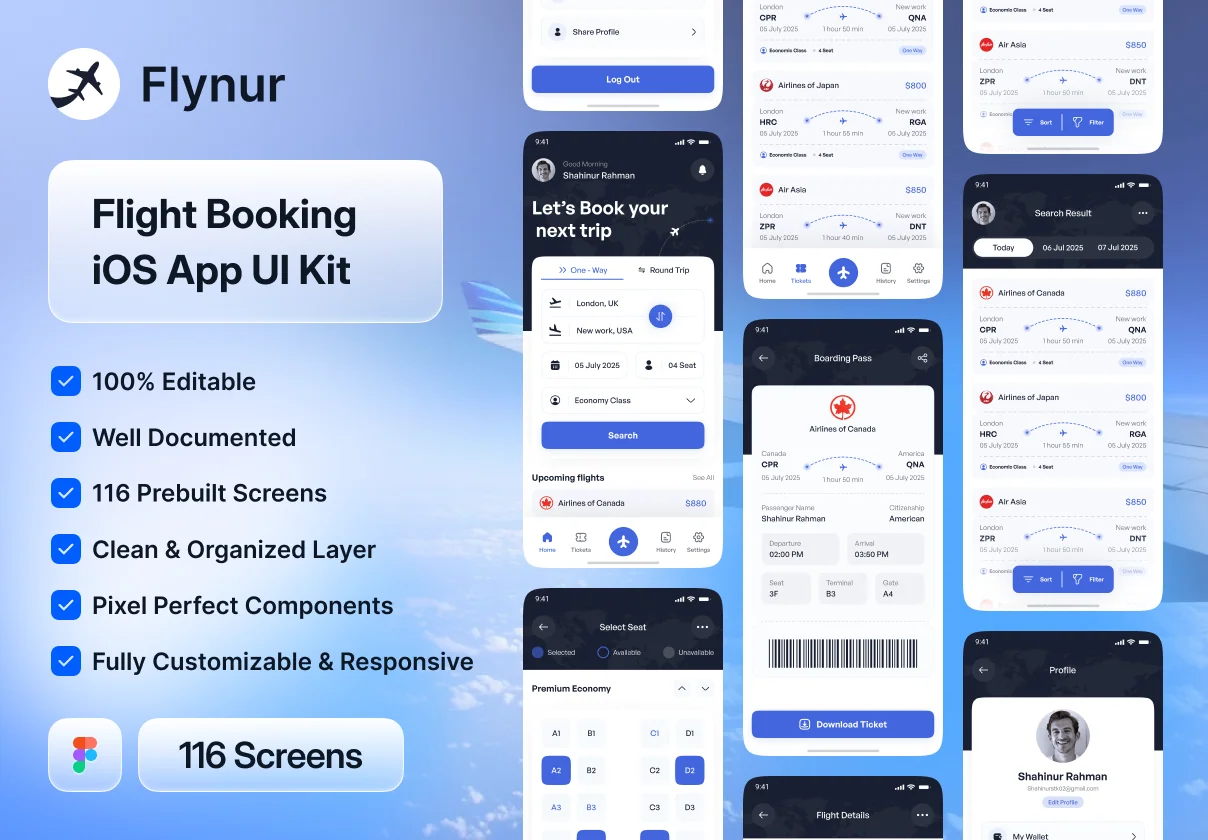 Flynur - Flight Booking Mobile App UI Kit Design