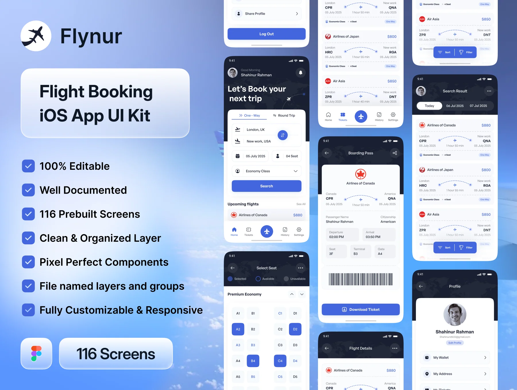 Flynur - Flight Booking Mobile App UI Kit Design