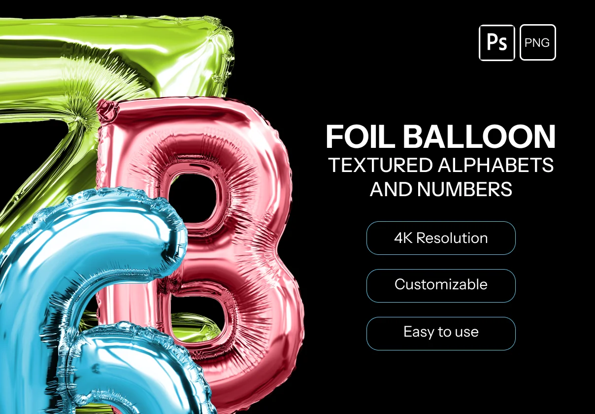 Foil Balloon Letters & Numbers Pack – 4K PSD + PNG