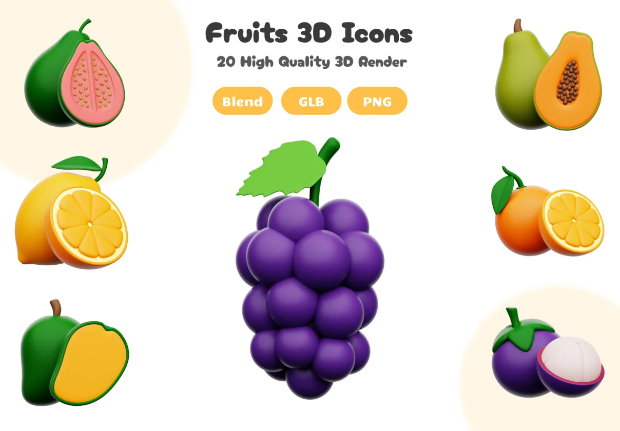 Fresh Fruit 3D Icons Set