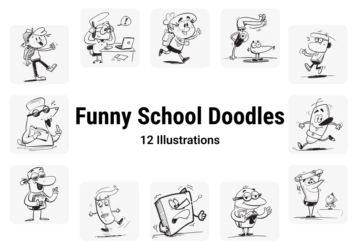 Funny School Doodles Cartoon Characters Pack