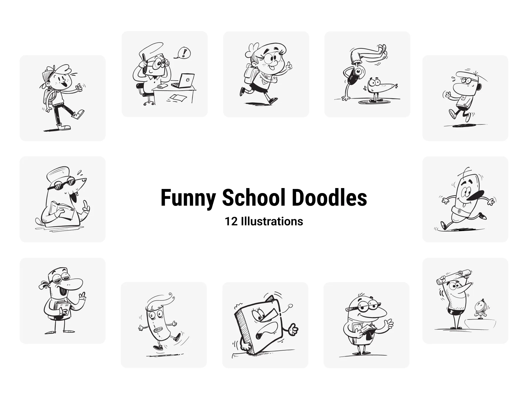 Funny School Doodles Cartoon Characters Pack