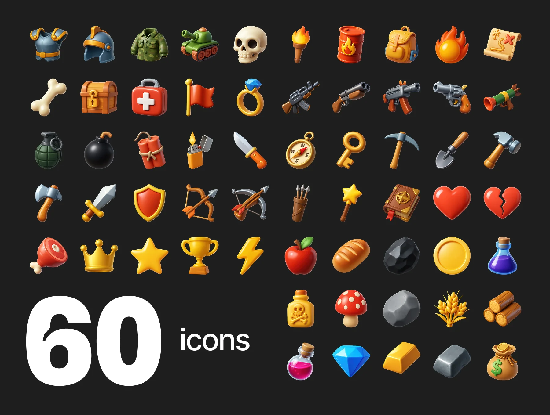 Game Assets | 60pcs 3D Icons 3