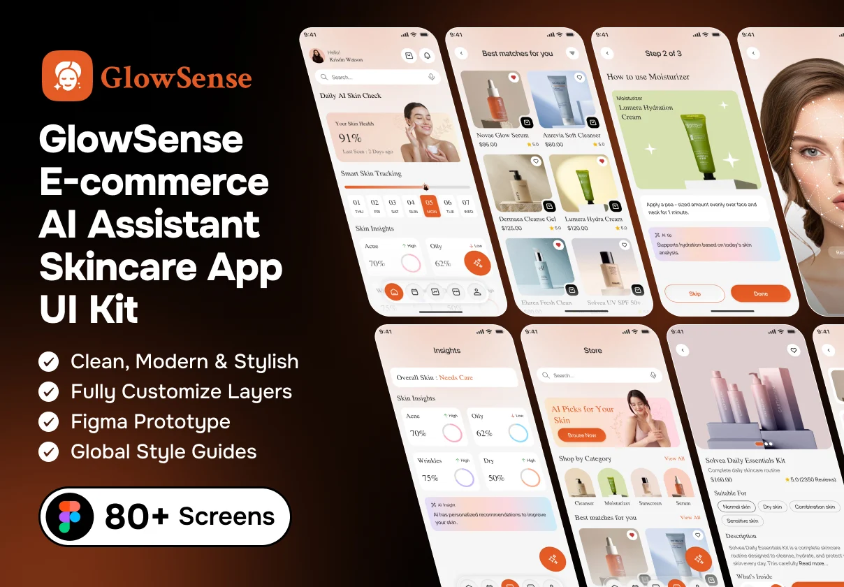 GlowSense – E-commerce AI Assistant Skincare App UI Kit