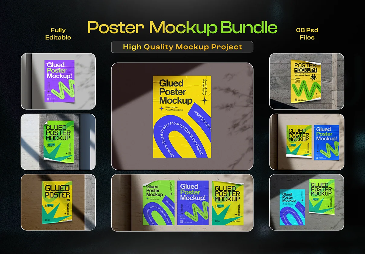 Glued Poster on Wall Mockup Set - 08 Scene