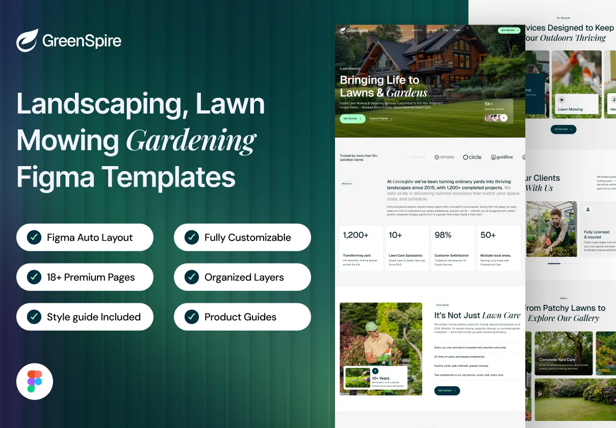 GreenSpire — Landscaping, Lawn Mowing Gardening Figma Template