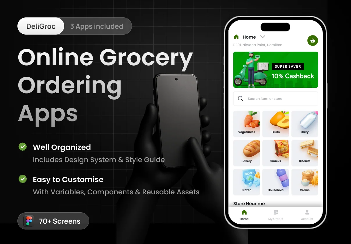 Grocery Delivery App | 3 Apps | DeliGroc | Figma