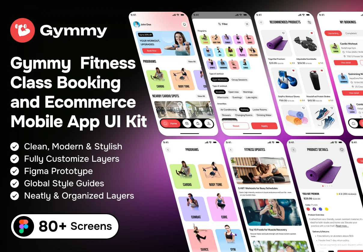 Gymmy Fitness Class Booking and Ecommerce Mobile App UI Kit