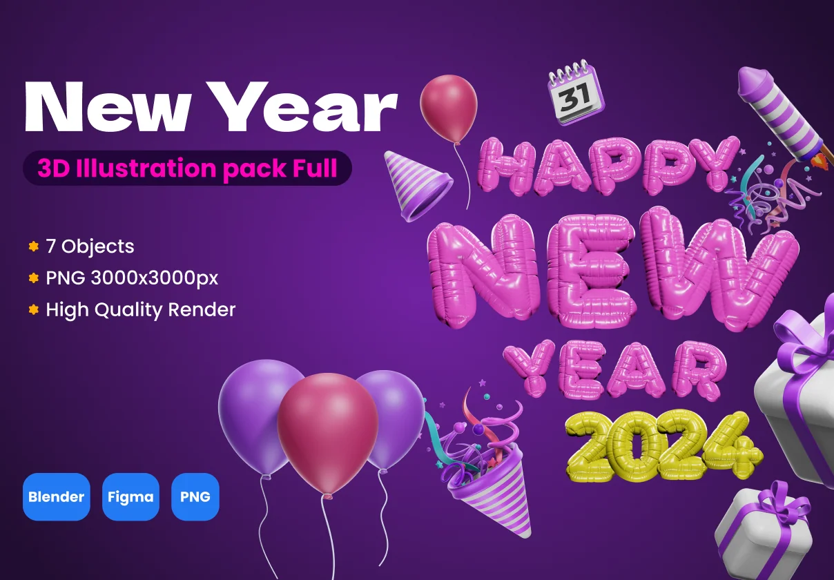 Happy New Year 3D icons Pack