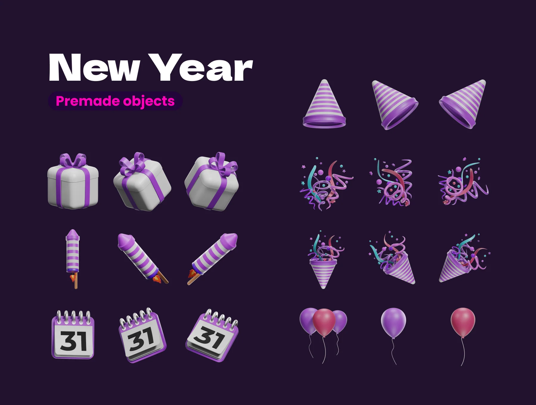 Happy New Year 3D icons Pack 2