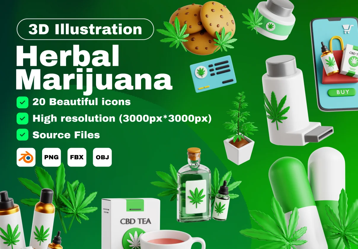 Herbal Marijuana 3D Icon Set