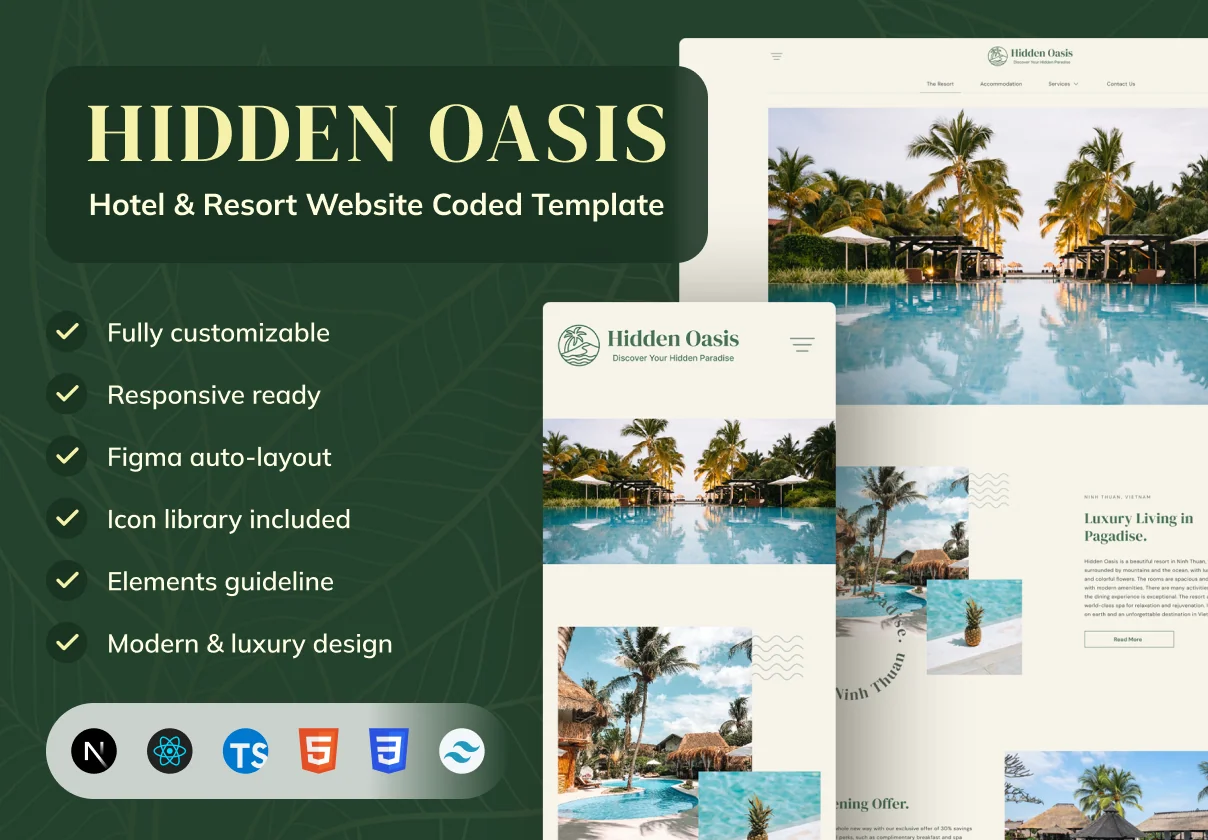 Hidden Oasis - Hotel & Resort Website Coded Template
