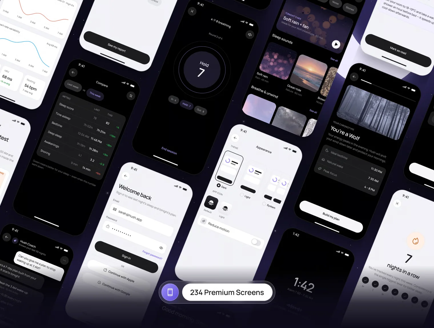 Hush – AI Sleep Coach App UI Kit + Expo Code 4