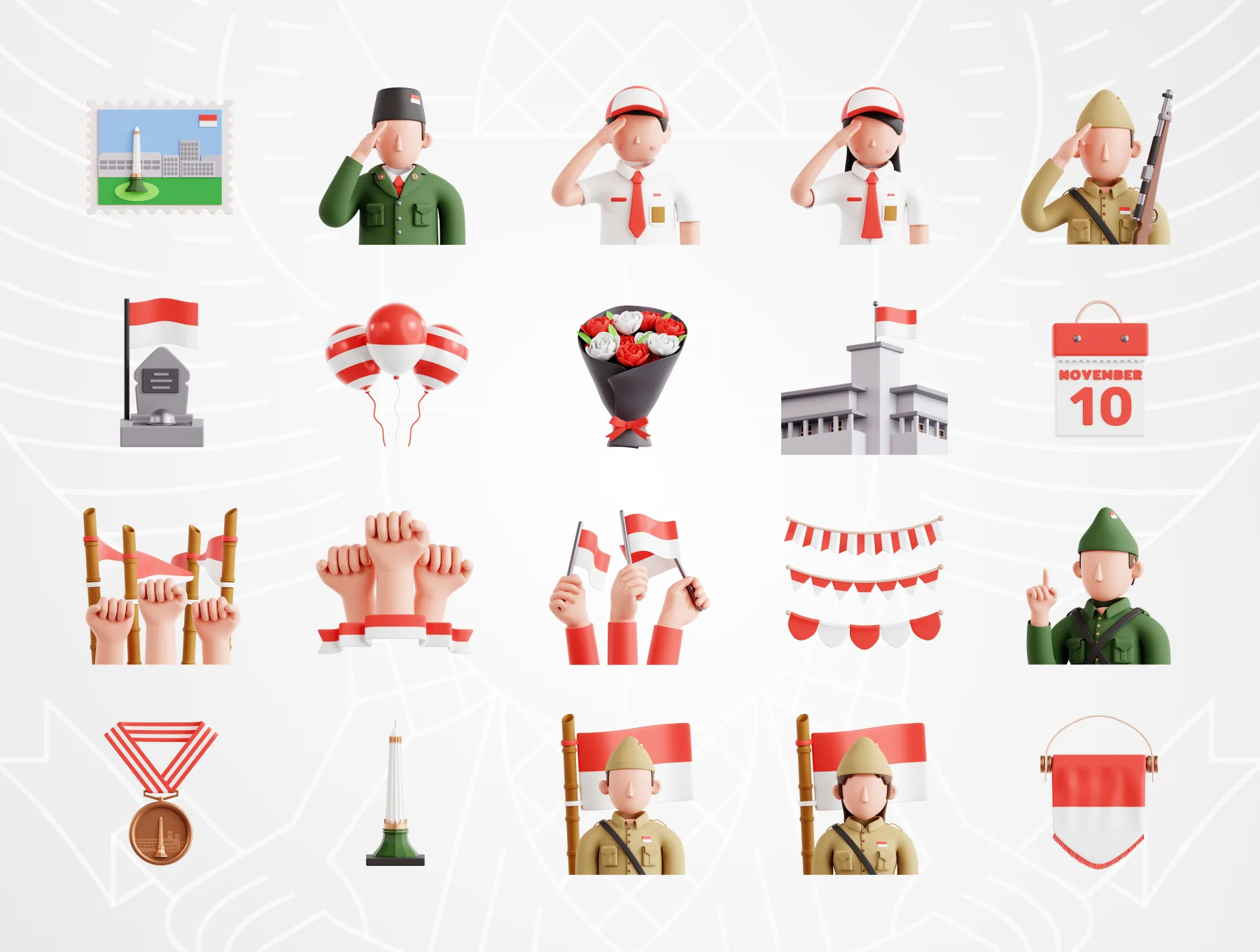 Indonesia Hero Day 3D Icon Set 5