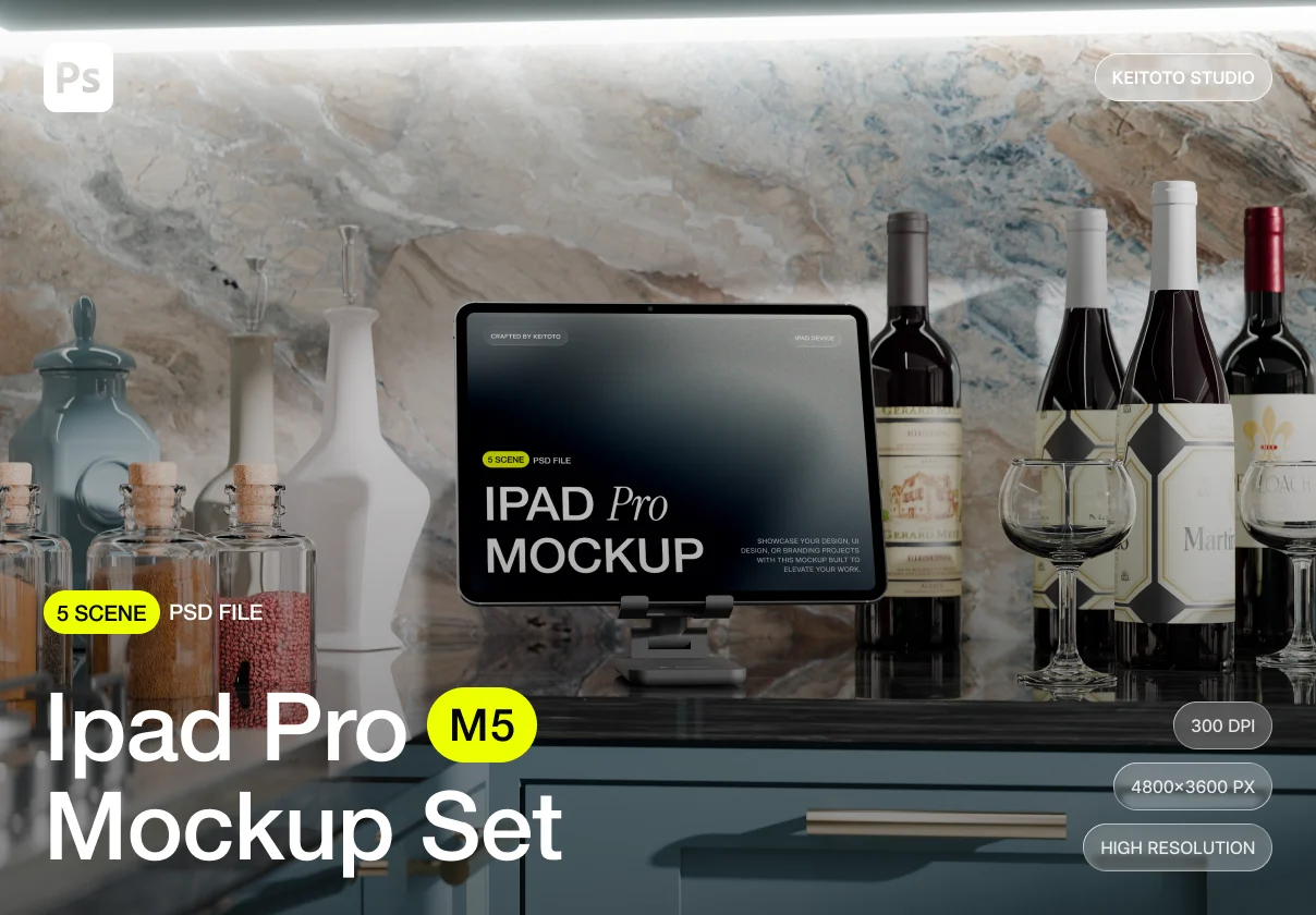 iPad Pro Mockup – Luxury Kitchen Interior Scene with Marble Countertop