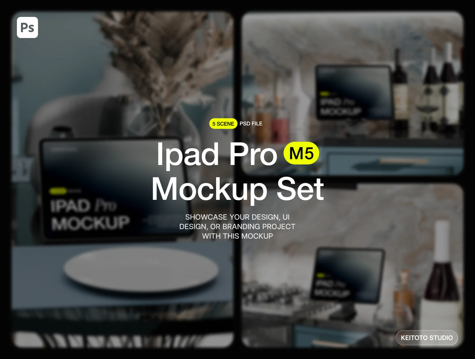 iPad Pro Mockup – Luxury Kitchen Interior Scene with Marble Countertop 2