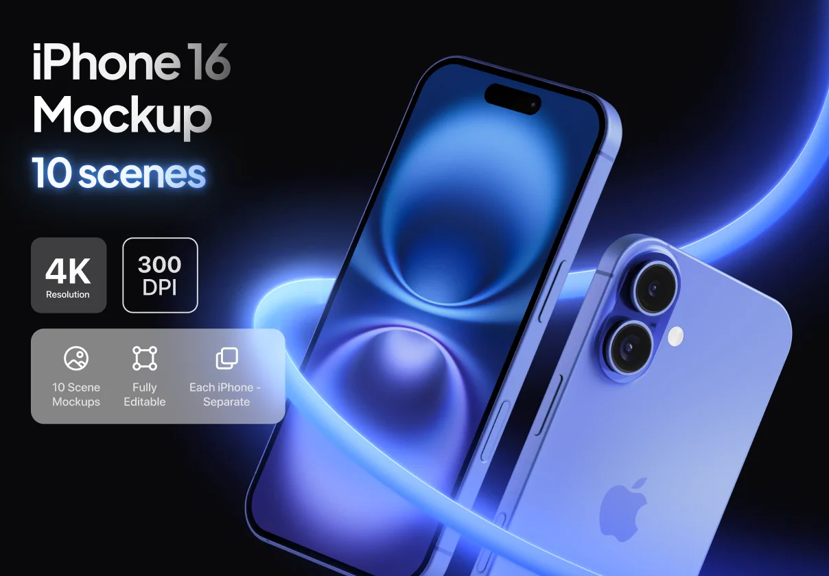 iPhone 16 Mockup - 10 Mockups Scenes