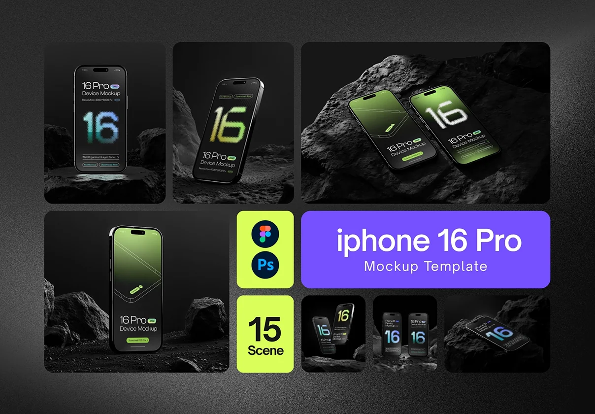 iPhone 16 Pro Mockup Set - 15 Dark Scene