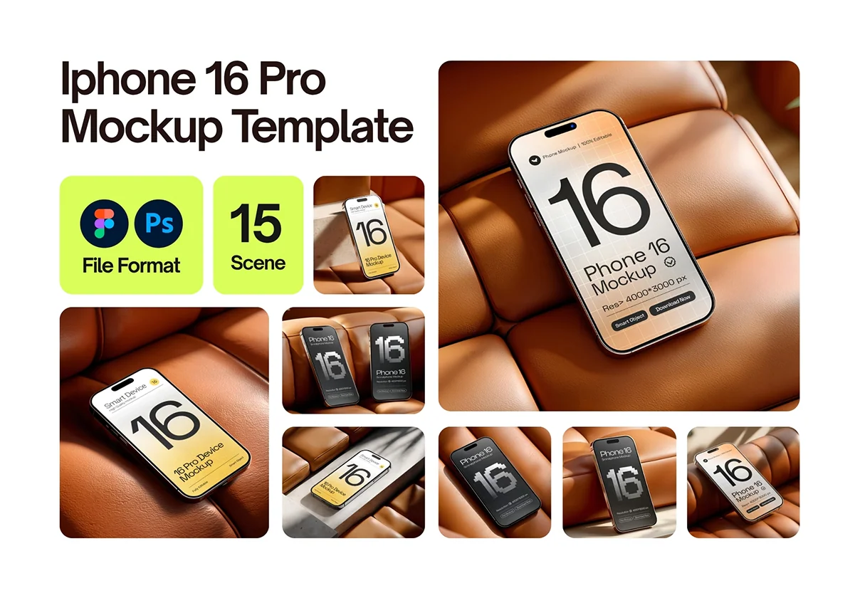 iPhone 16 Pro Mockup Set - 15 PSD Scene