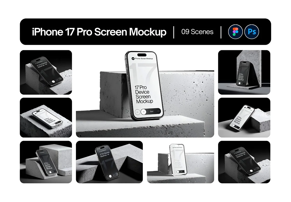 iPhone 17 Pro Device Screen Mockup on Concrete Blocks Set - 09 Mockup Scene