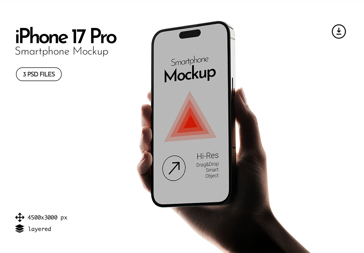 iPhone 17 Pro Hand Holding Mockup – 3 Editable PSD Scenes