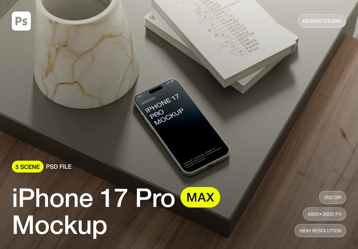 iPhone 17 Pro Max Mockup in Minimal Marble & Wood Interior