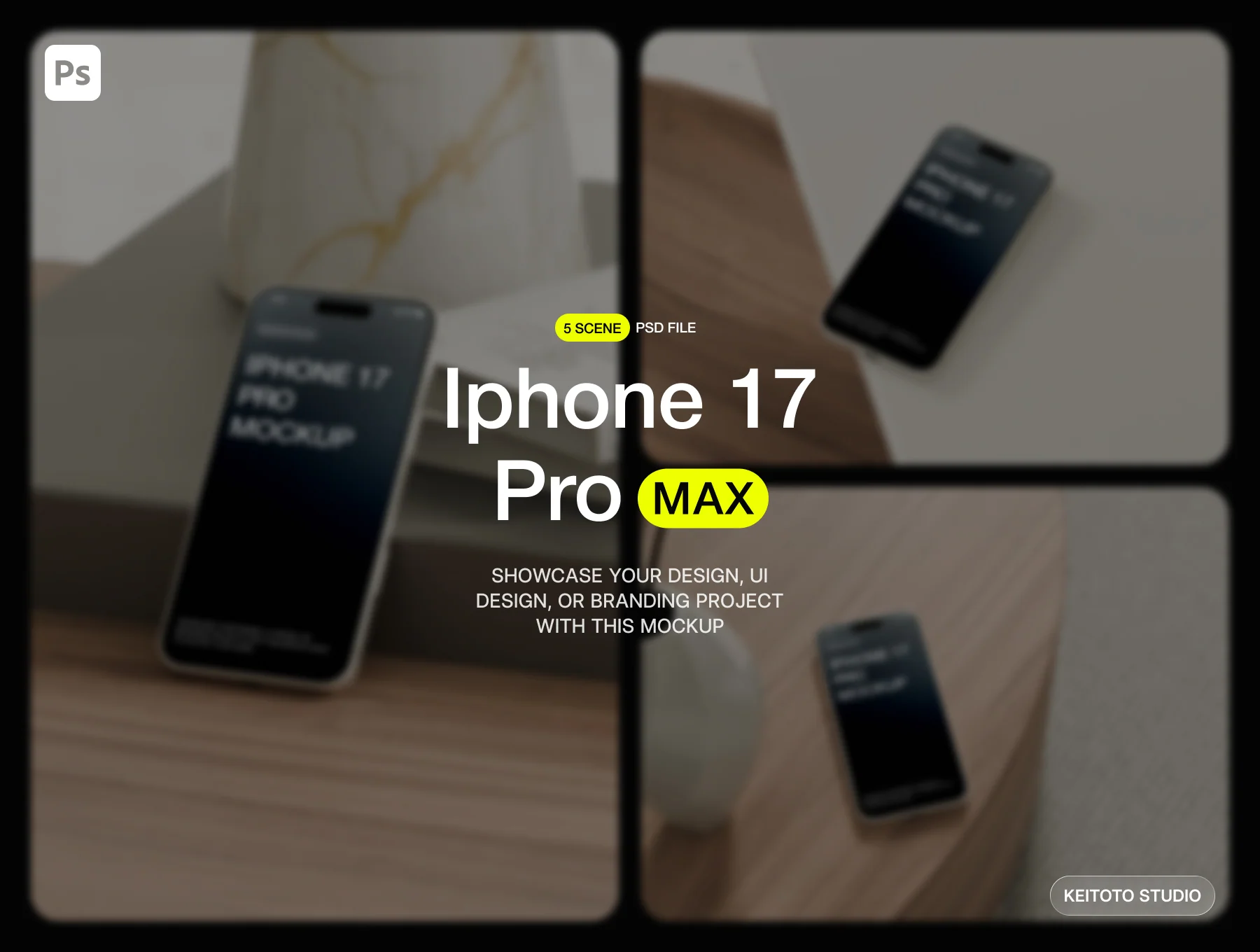 iPhone 17 Pro Max Mockup in Minimal Marble & Wood Interior