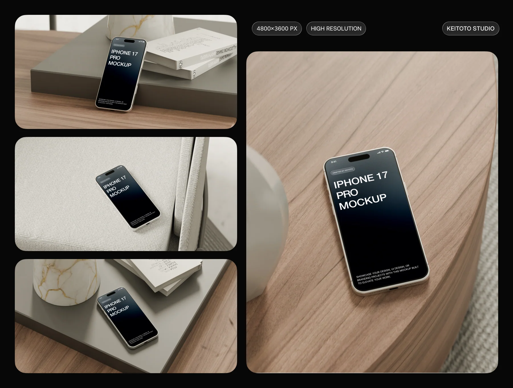 iPhone 17 Pro Max Mockup in Minimal Marble & Wood Interior 2