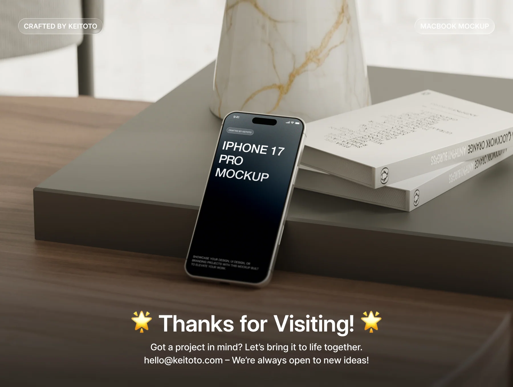 iPhone 17 Pro Max Mockup in Minimal Marble & Wood Interior 4