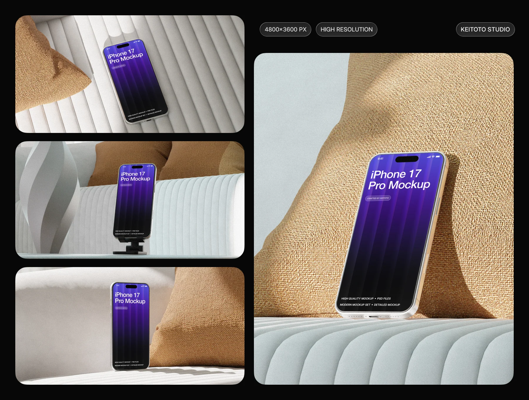 iPhone 17 Pro Max Mockup in Modern Sofa Interior Scene 2