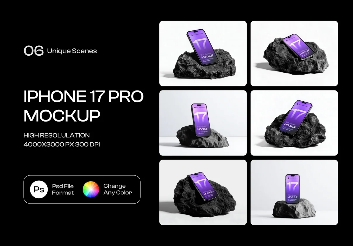 iPhone 17 Pro on Dark Rock Mockup Set - 06 Scene