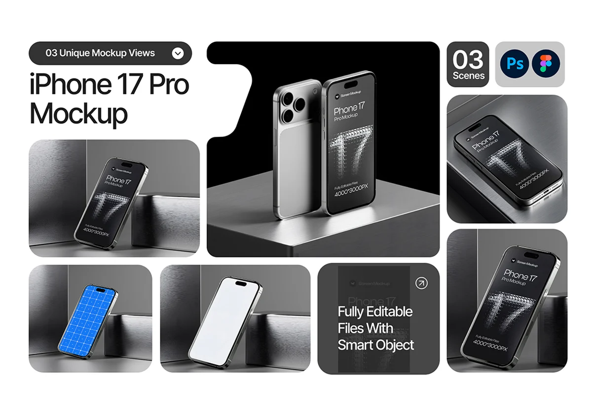 Iphone 17 Pro Screen Mockup Dark Metal Background Set - 03 Scene