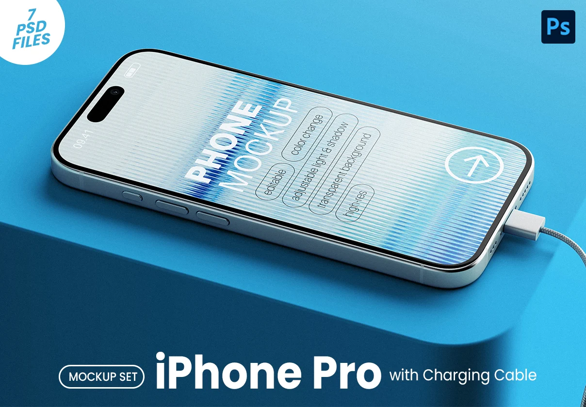 iPhone Pro with Charging Cable Mockup Set