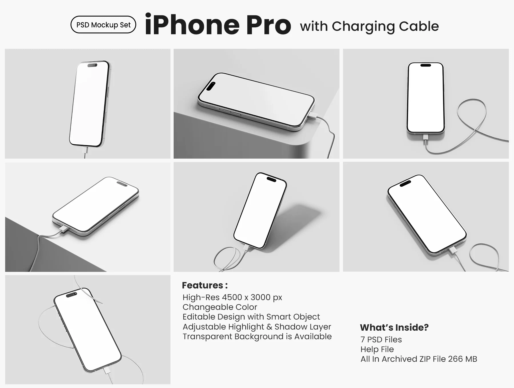 iPhone Pro with Charging Cable Mockup Set 2