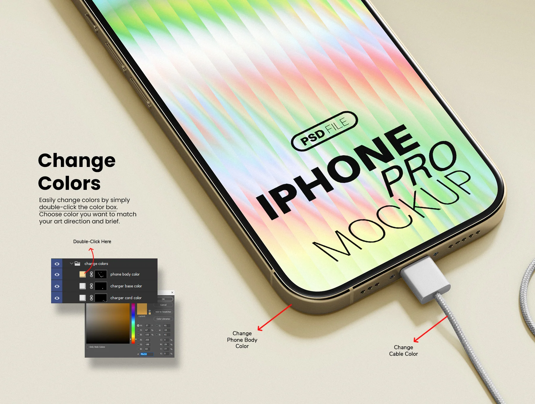 iPhone Pro with Charging Cable Mockup Set 4