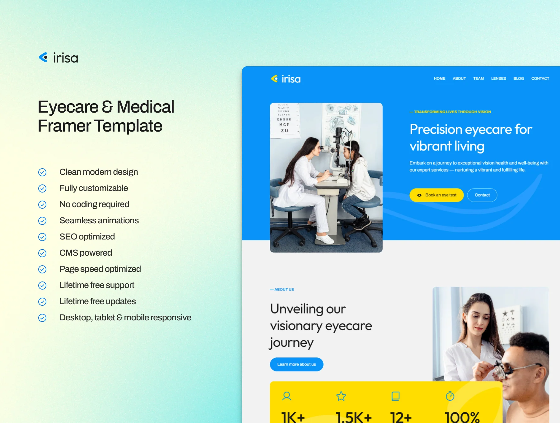 Irisa — Optometrist, Eyecare Practitioners, Healthcare & Medical Professionals Framer Website Template 4