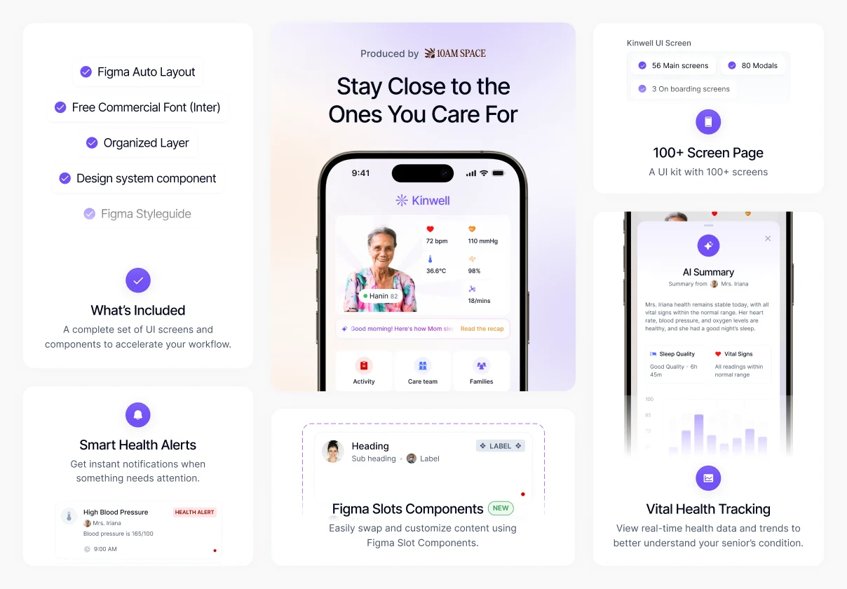 Kinwell UI Kit — Family Senior Care & Health Monitoring App