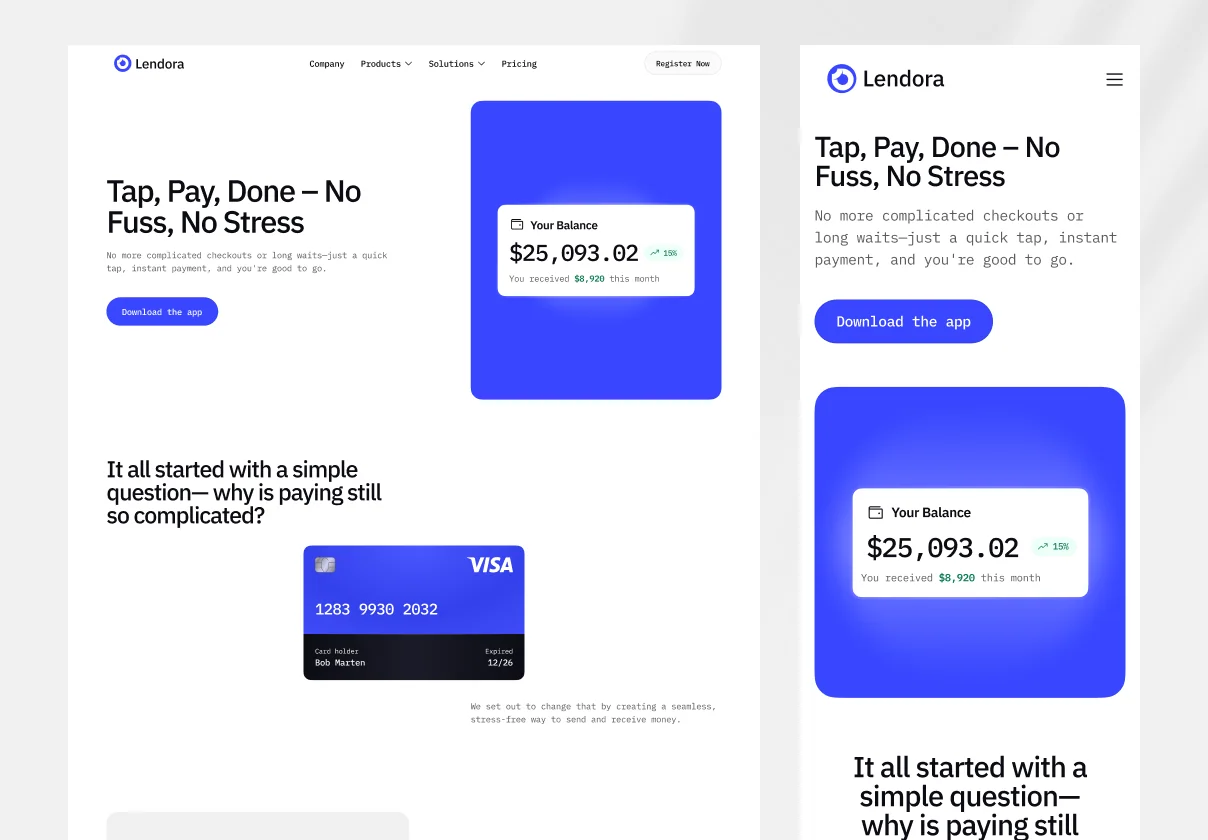 Lendora - Webflow Template Designed for Credit Card and Payment Services.