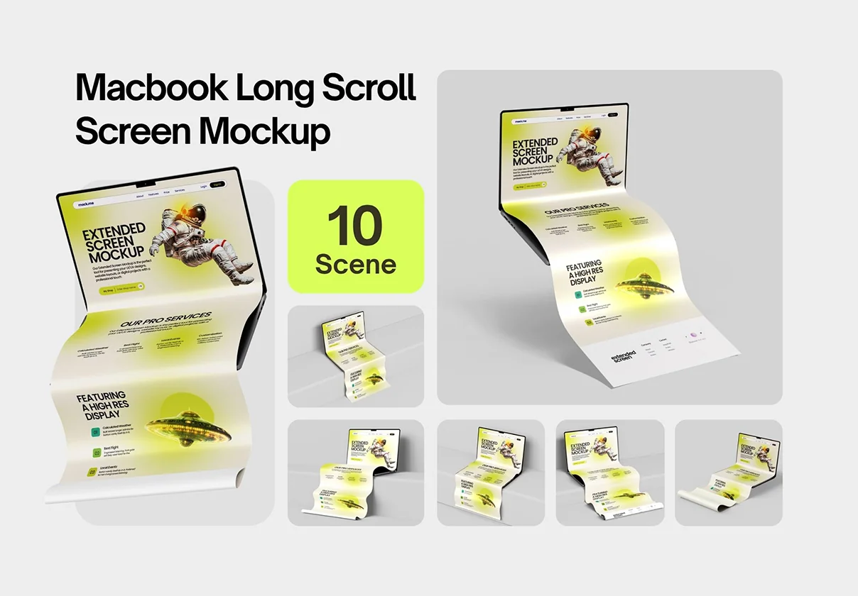 Long Scroll Extended Screen Macbook Mockup Set - 10 Scene