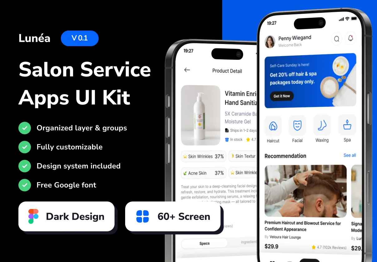 Lunéa - Salon Service Mobile App UI Kits