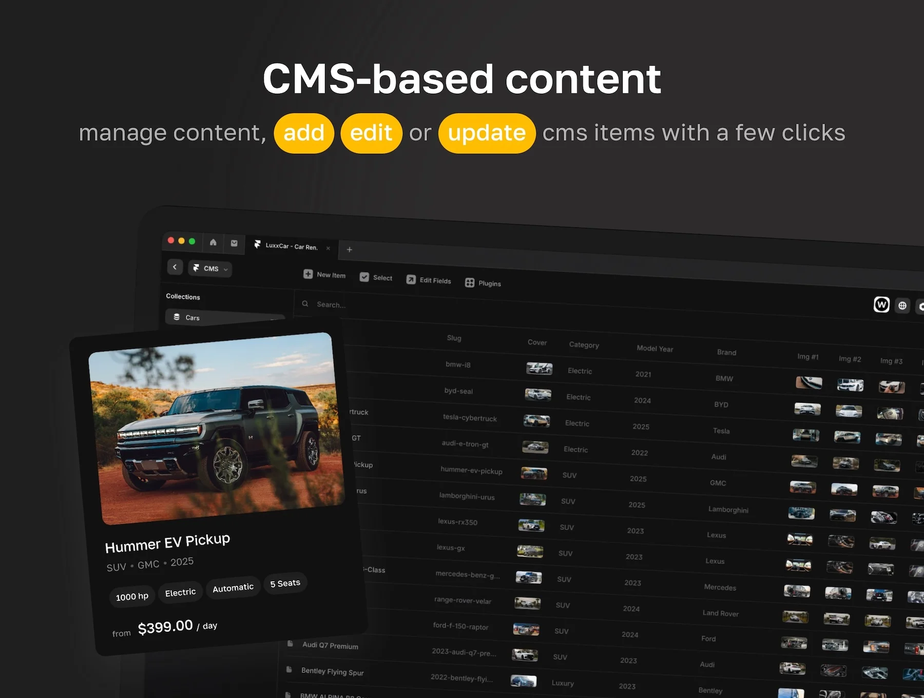 LuxxCar - car rental and auto dealership template for Framer 6