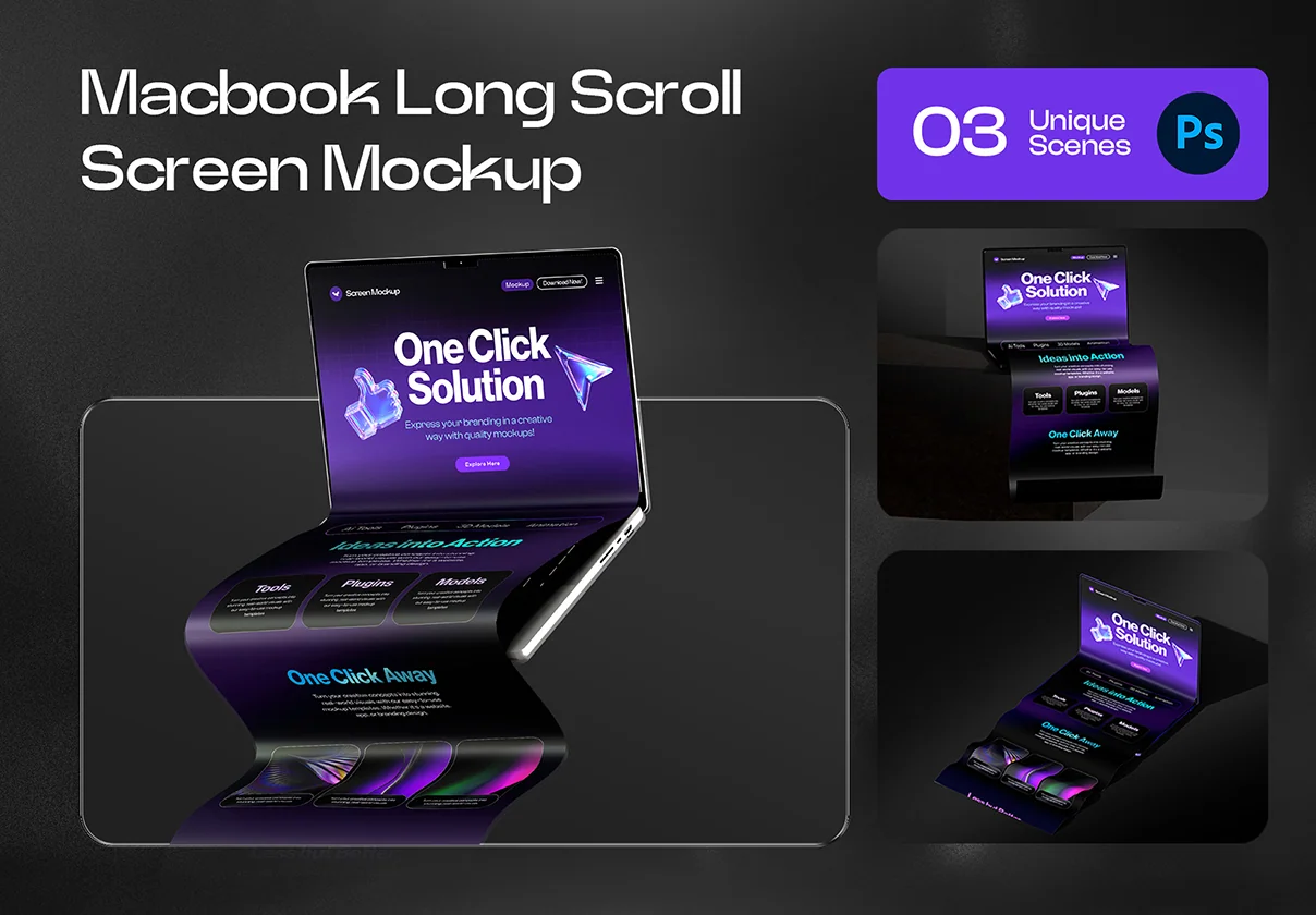 Macbook Long Scroll Extended Screen Mockup Set - 03 Dark Scene