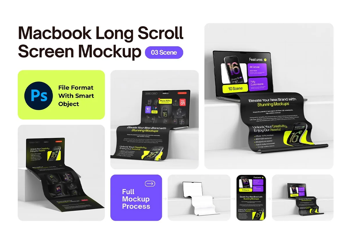 Macbook Long Scroll Extended Screen Mockup Set - 03 Scene